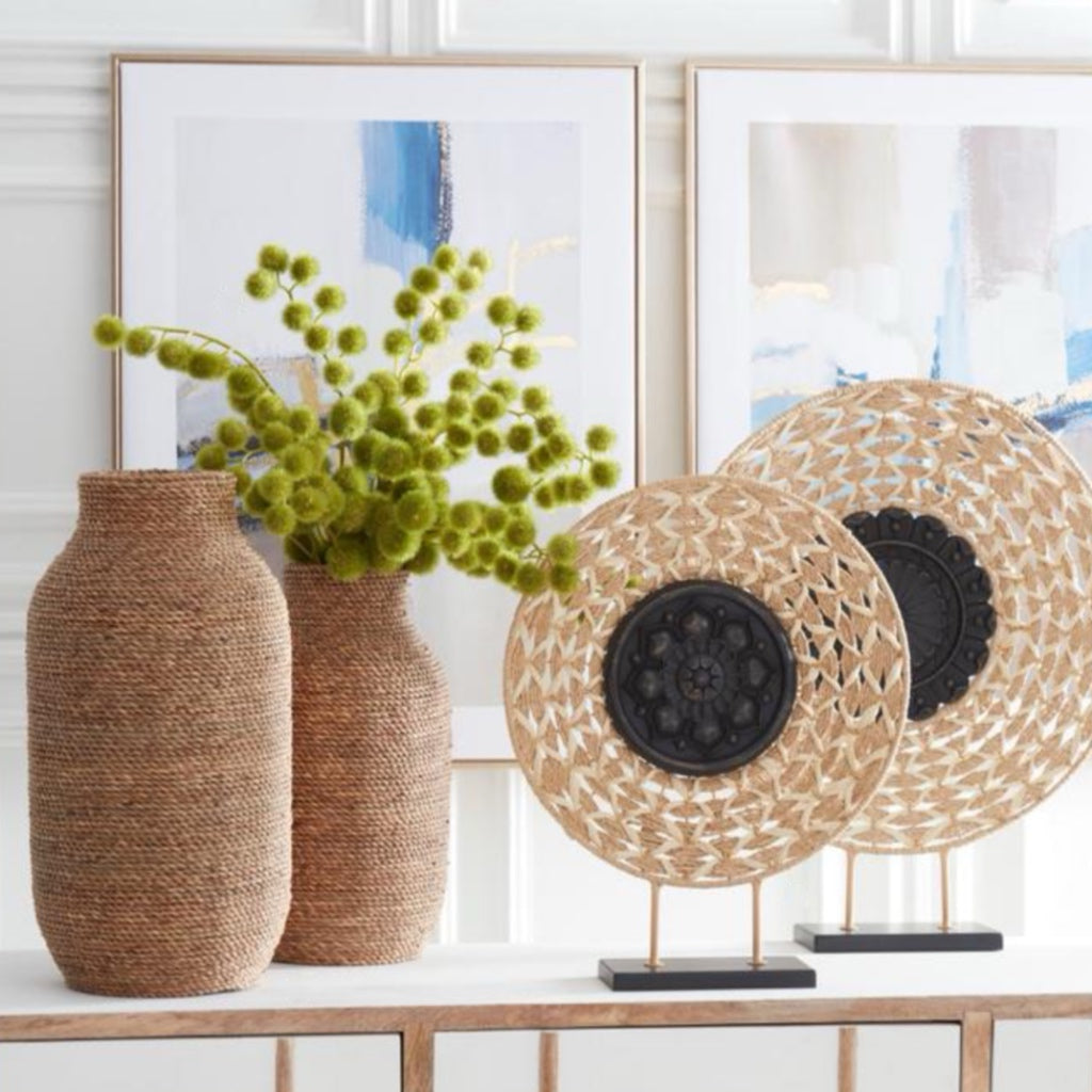 Woven Seagrass and Wood Vase