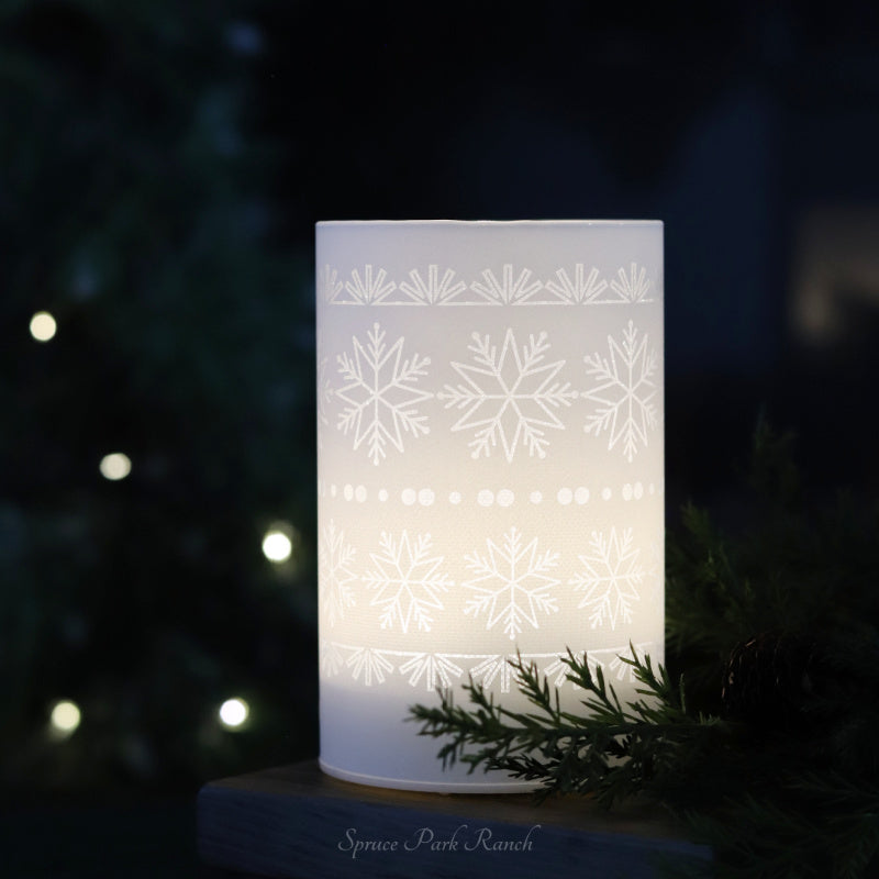 White LED Glass Cylinder With Snowflakes Bright Glow