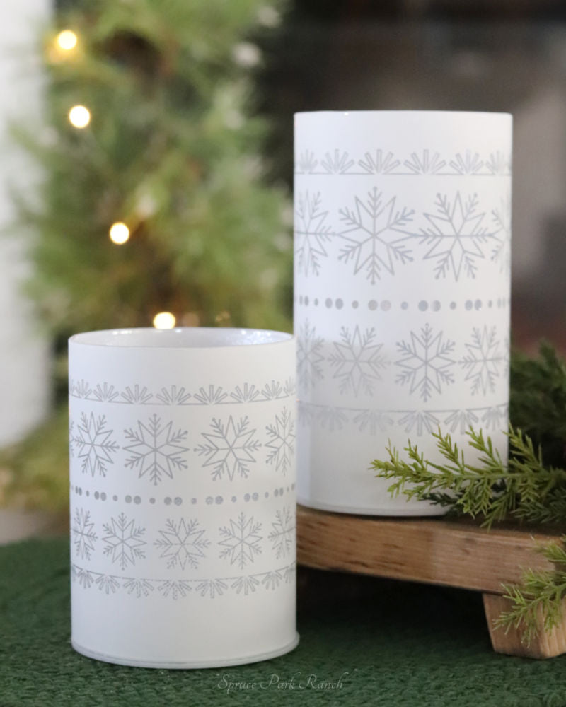 White LED Glass Cylinder With Snowflakes Warm Glow