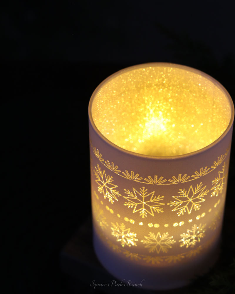 White LED Glass Cylinder With Snowflakes Warm Glow