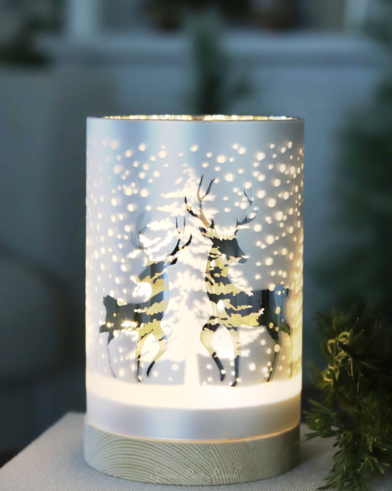 Lighted Glass Snowy Forest Design Lantern White