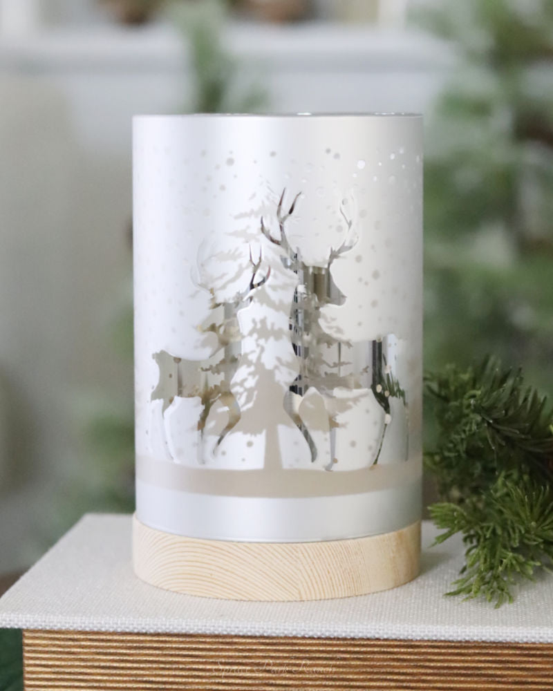 Lighted Glass Snowy Forest Design Lantern White