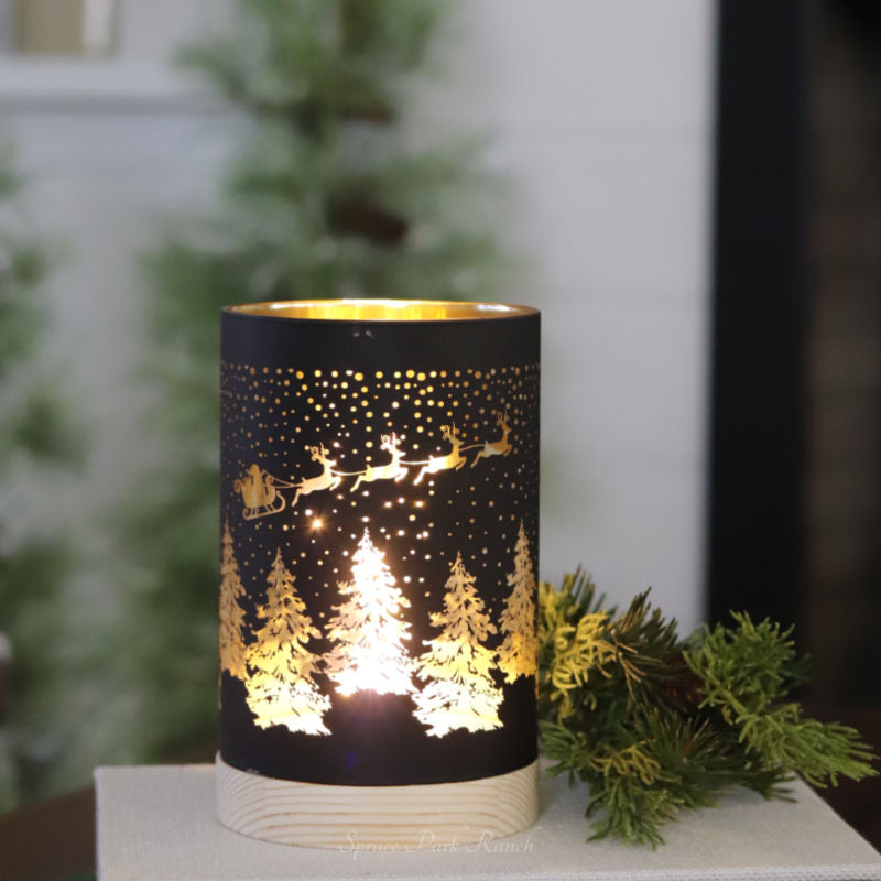 Lighted Glass Christmas Sleigh Design Lantern Black