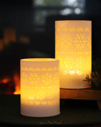 White LED Glass Cylinder With Snowflakes Warm Glow