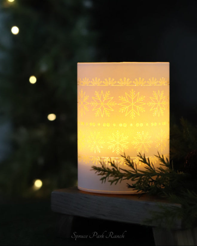 White LED Glass Cylinder With Snowflakes Warm Glow