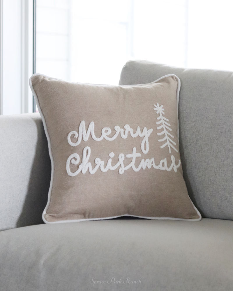 Merry Christmas Beige Cotton Throw Pillow
