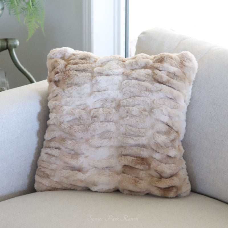 Cream and Tan Ribbed Faux Fur Pillow
