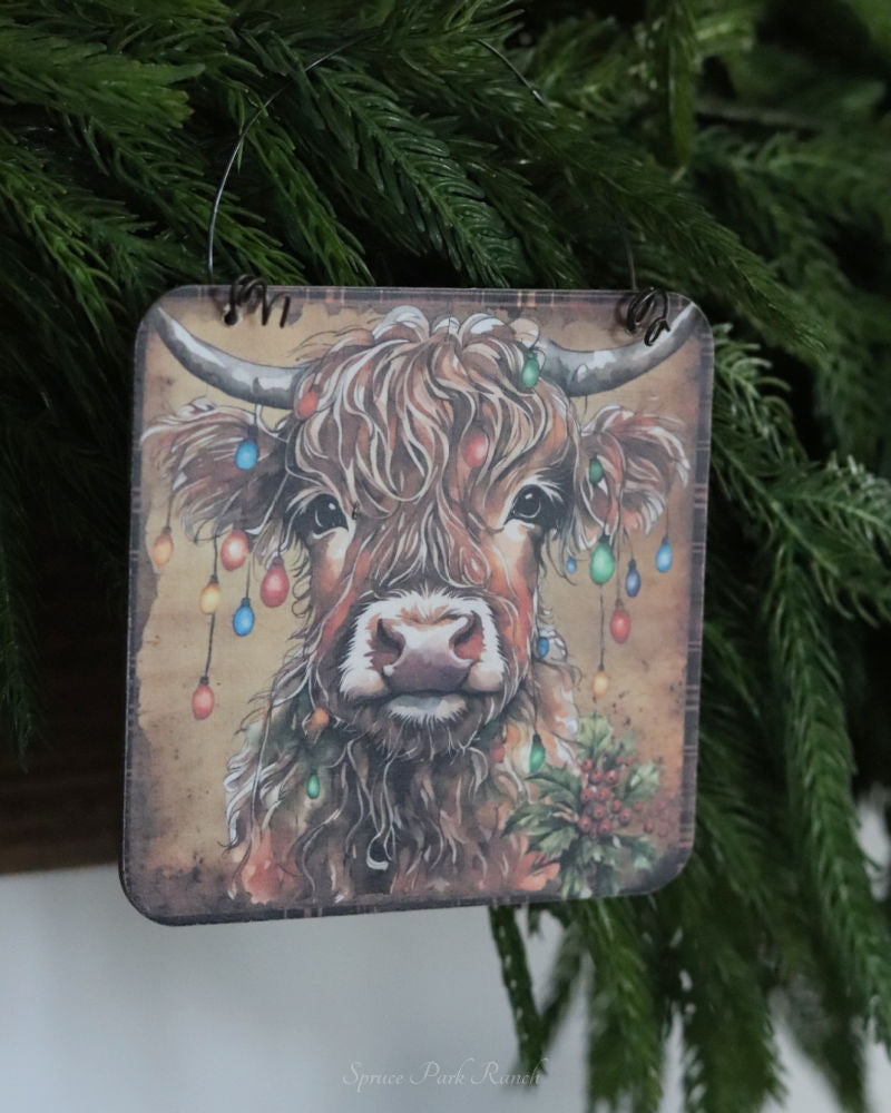 Primitive Highland Cow Ornament