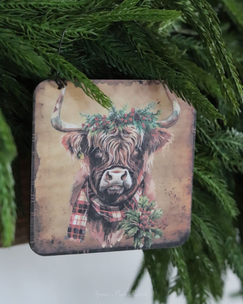 Primitive Highland Cow Ornament