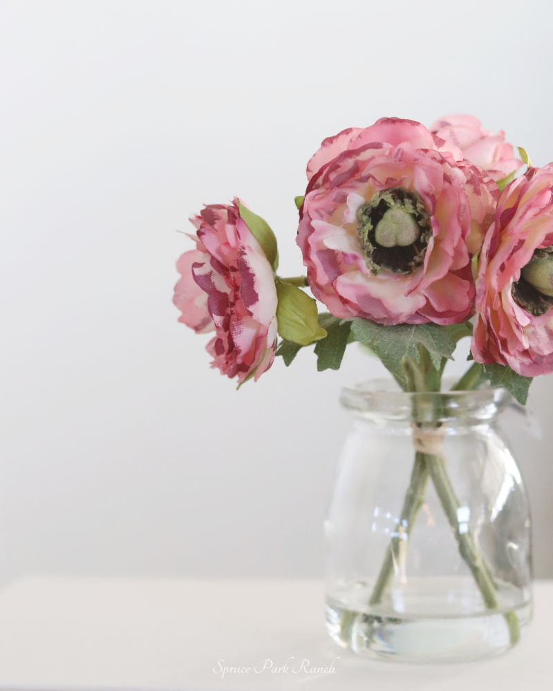 Mini Pink Ranunculus Bouquet in Glass Vase With Faux Water