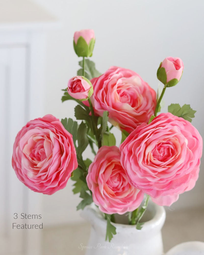 Dark Pink Triple Bloom Ranunculus Stem Real Touch 25"