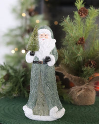 Santa with Green Coat and Bottle Brush Tree