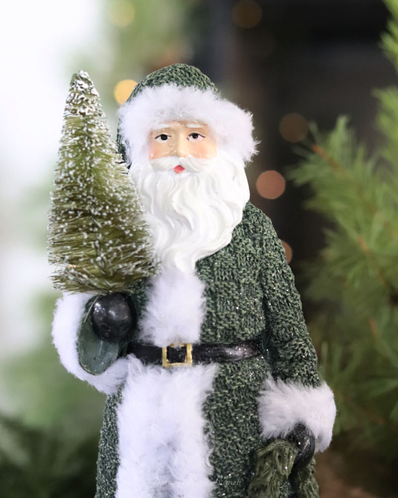 Santa with Green Coat and Bottle Brush Tree