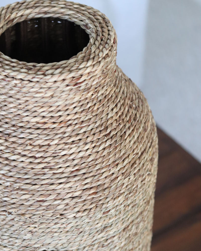 Woven Seagrass and Wood Vase