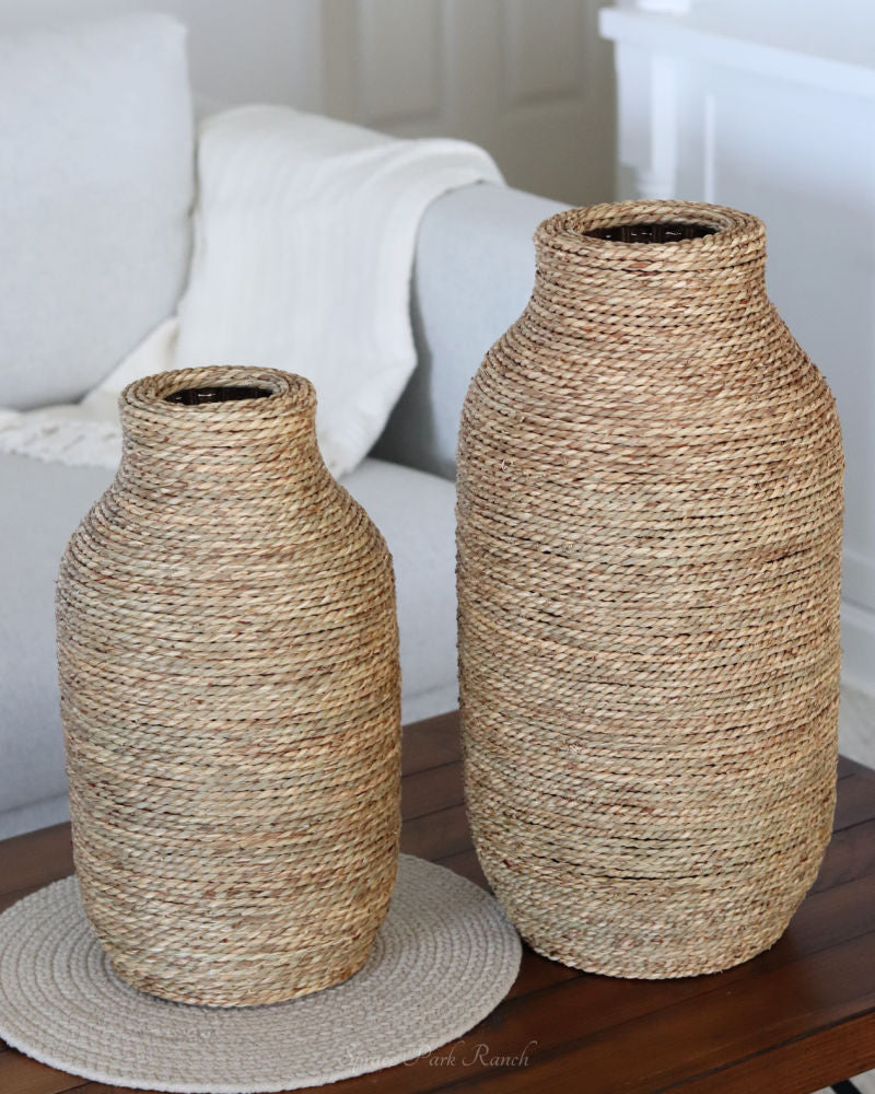 Woven Seagrass and Wood Vase