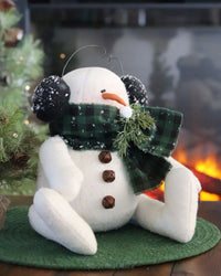 Earmuff Snowman With Green Plaid Scarf