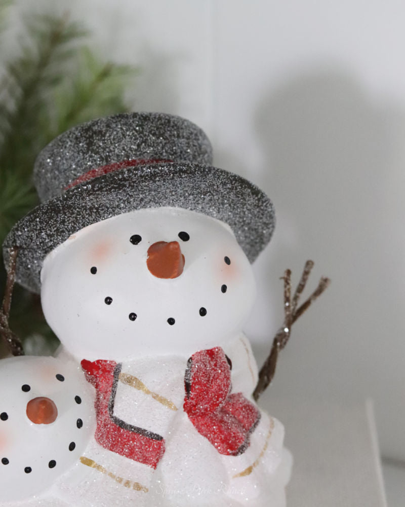 Red Scarf and Top Hat Resin Snowman Duo
