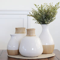 White Stoneware Vases With Wood Decal Detail