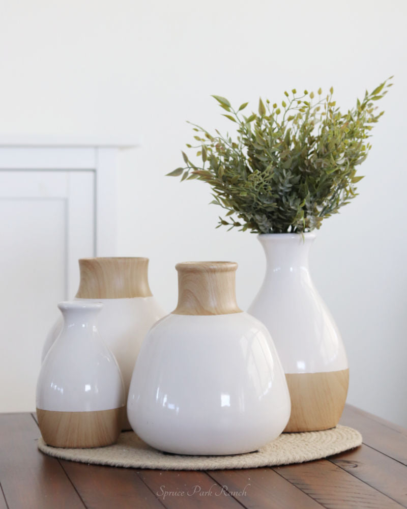 White Stoneware Vases With Wood Decal Detail