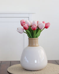 White Stoneware Vases With Wood Decal Detail