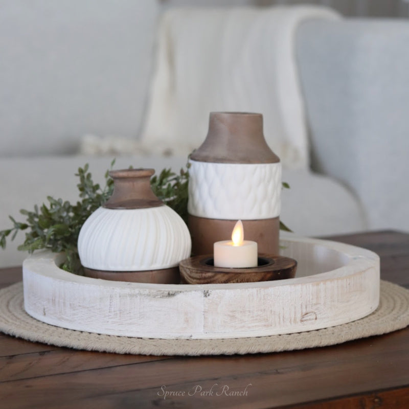 Distressed White Round Wood Tray