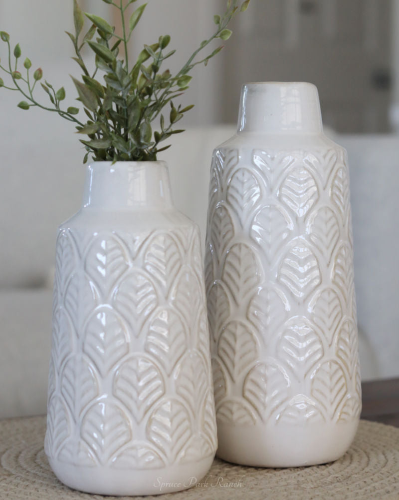 White Leaf Engraved Ceramic Vase