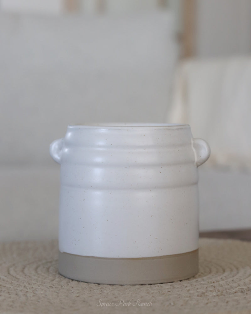 White Ceramic Vase With Handles and Natural Base