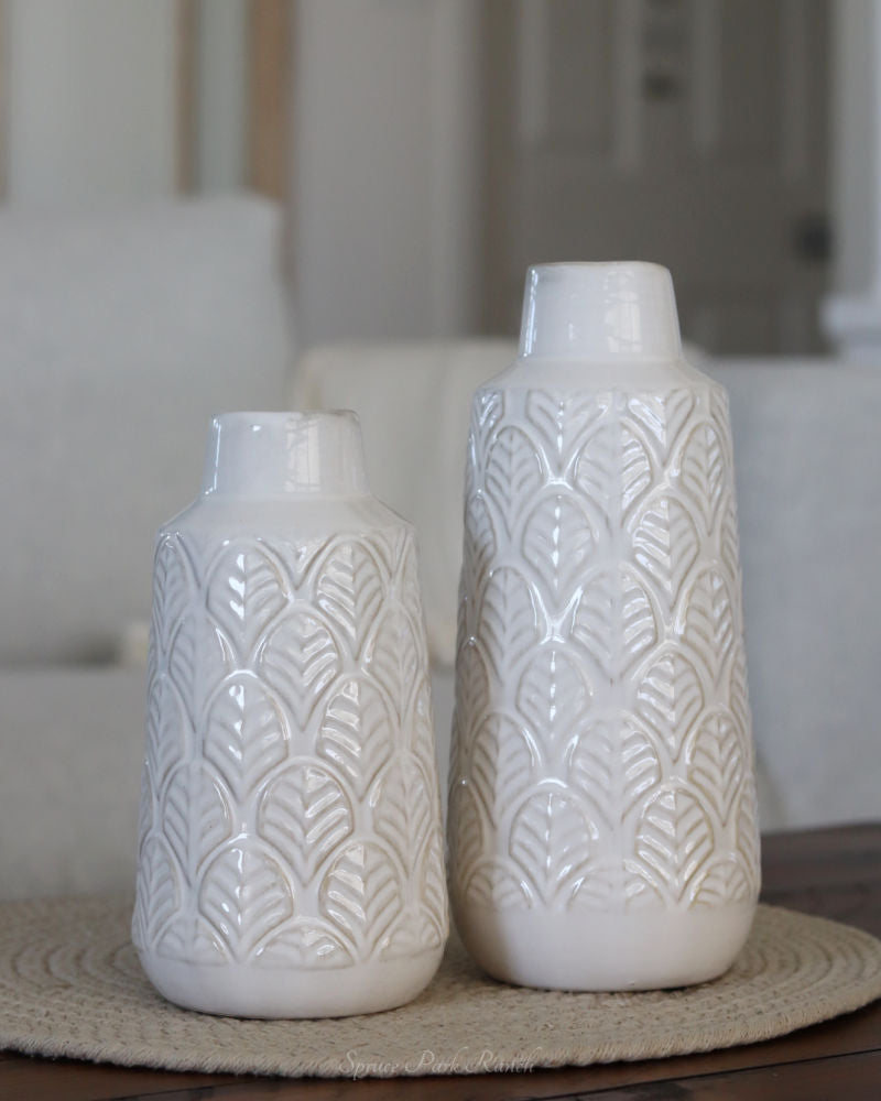 White Leaf Engraved Ceramic Vase