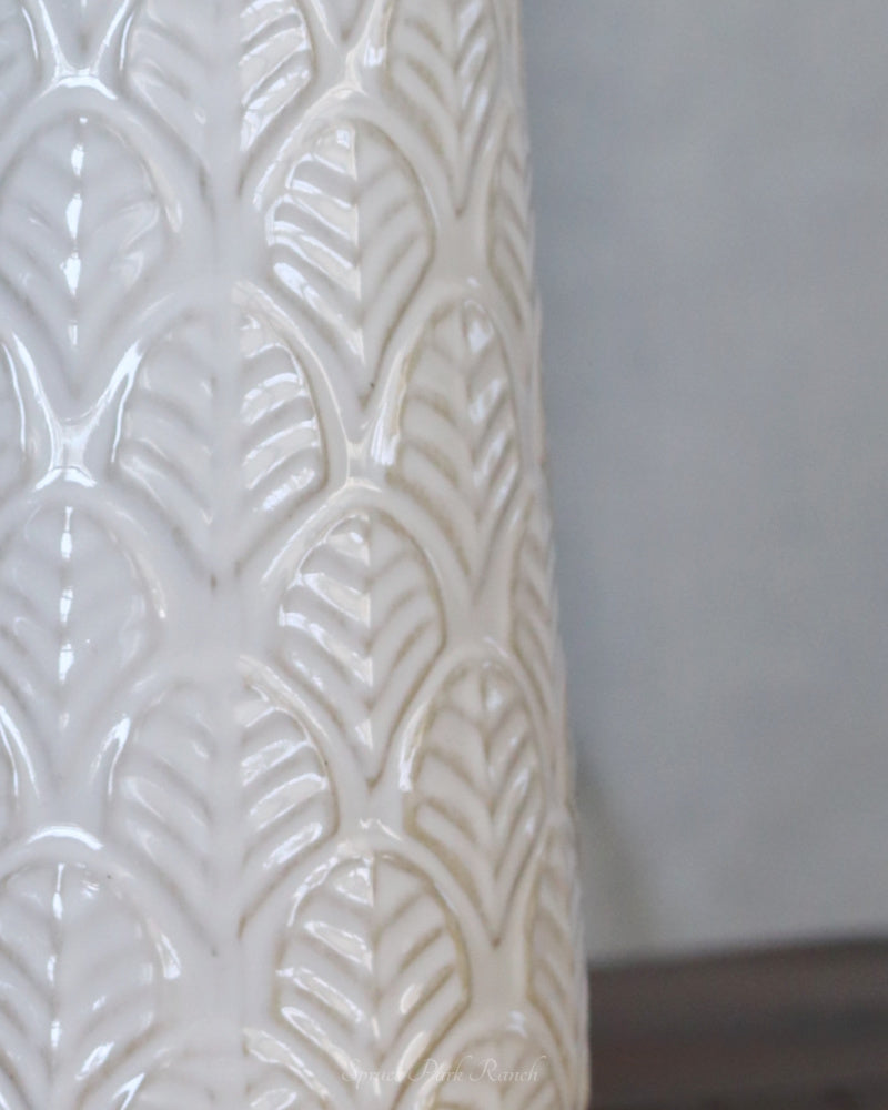 White Leaf Engraved Ceramic Vase