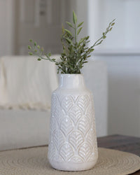 White Leaf Engraved Ceramic Vase