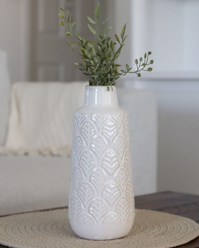 White Leaf Engraved Ceramic Vase