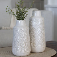 White Leaf Engraved Ceramic Vase