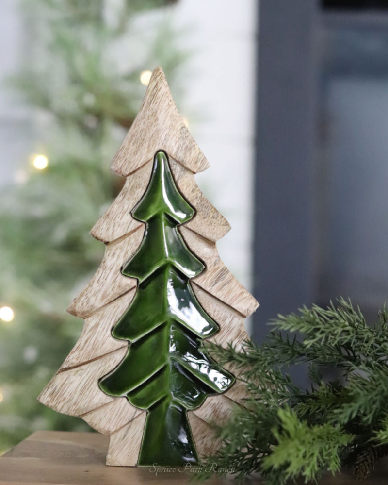 Layered Wood and Green Enamel Tree