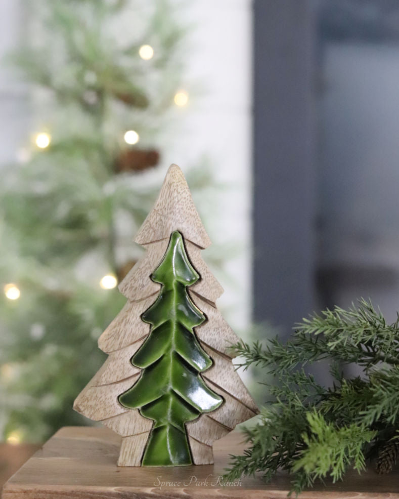 Layered Wood and Green Enamel Tree