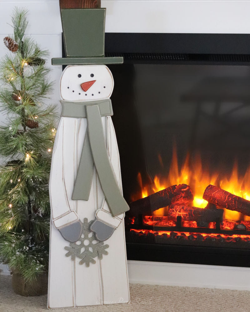 Green Scarf Wood Snowman Tall