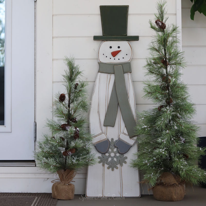 Green Scarf Wood Snowman Tall