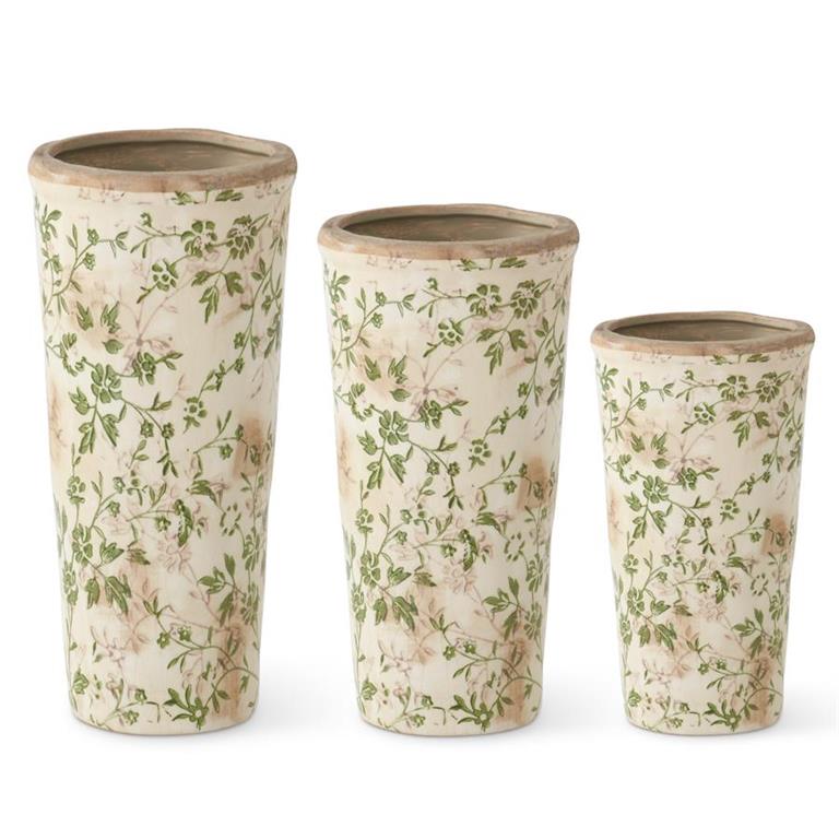 Cream and Green Floral Ceramic Pot