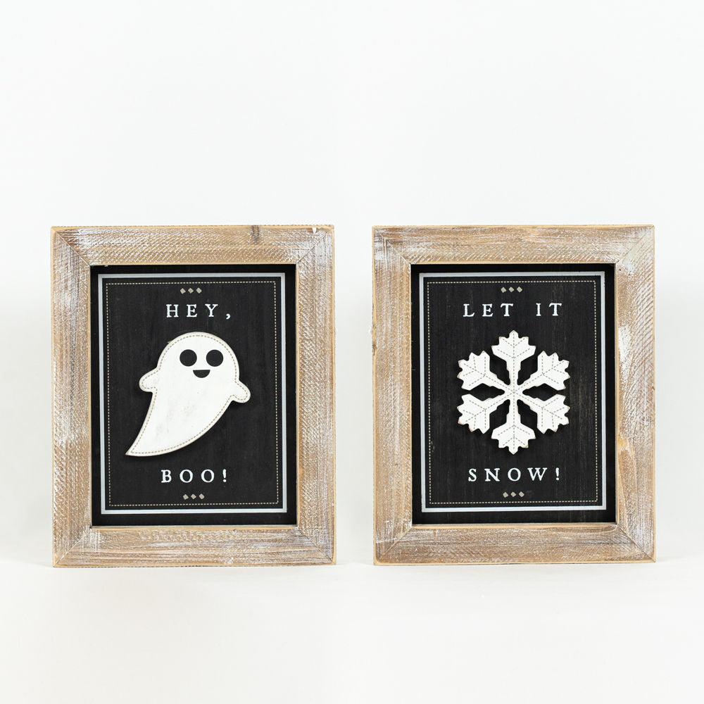Reversible Wood Boo and Snow Sign
