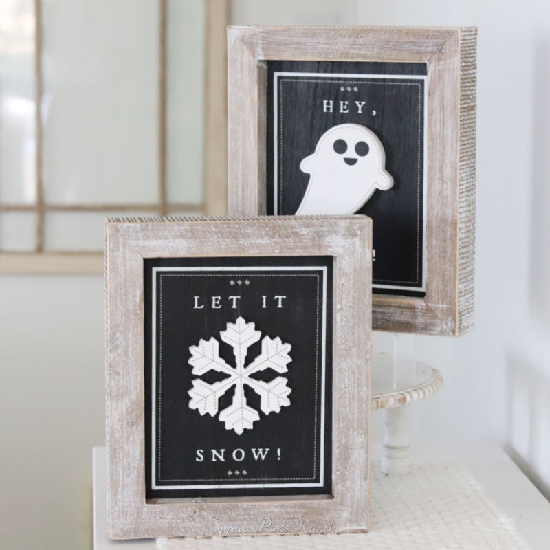 Reversible Wood Boo and Snow Sign