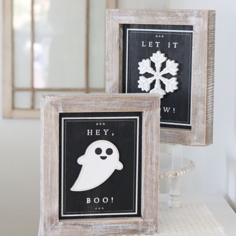 Reversible Wood Boo and Snow Sign