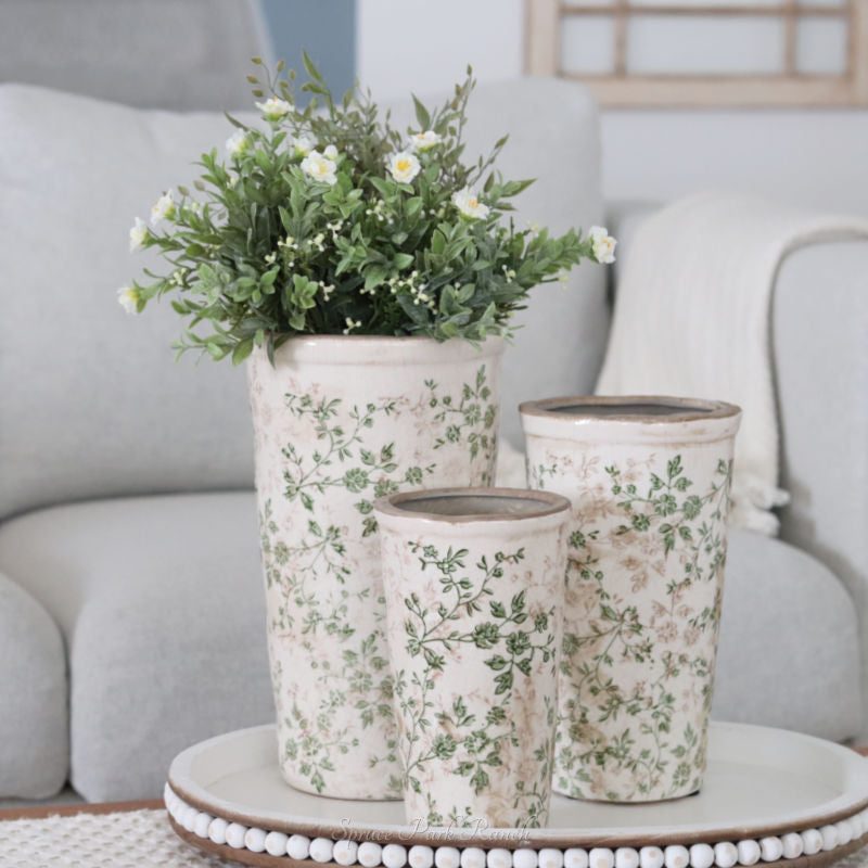 Cream and Green Floral Ceramic Pot