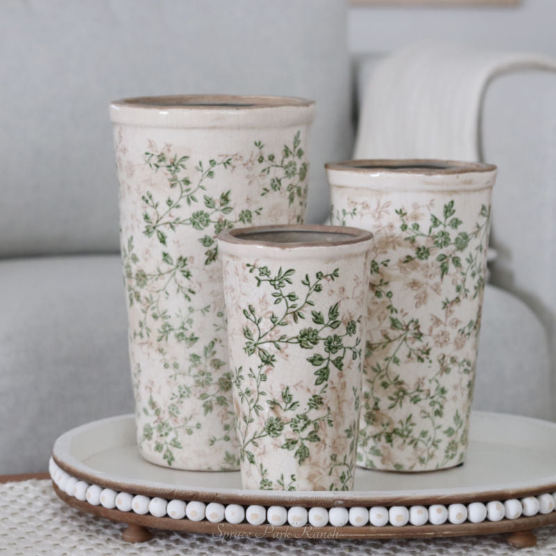 Cream and Green Floral Ceramic Pot