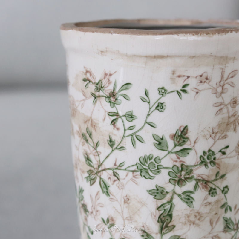 Cream and Green Floral Ceramic Pot
