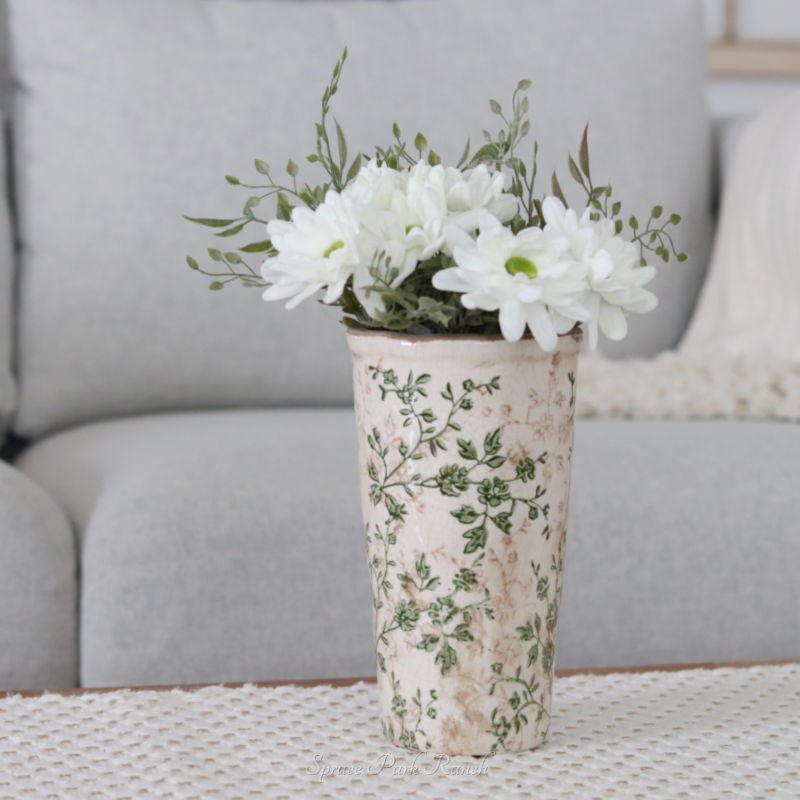Cream and Green Floral Ceramic Pot