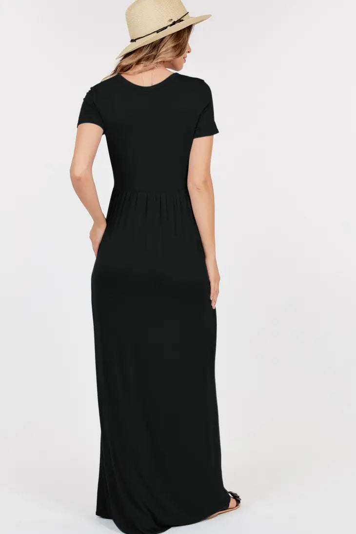 Short Sleeve Empire Waist Maxi Dress With Pockets
