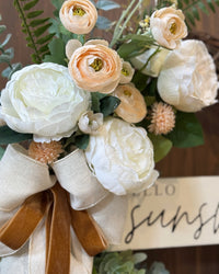 Hello Sunshine White Peony and Peach Ranunculus Wreath