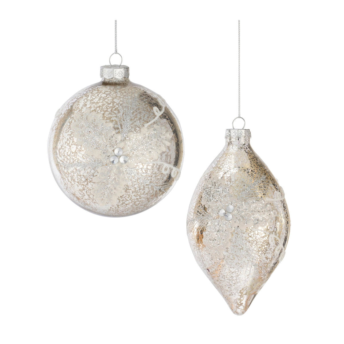 Mottled Silver and Glittered Glass Ornament
