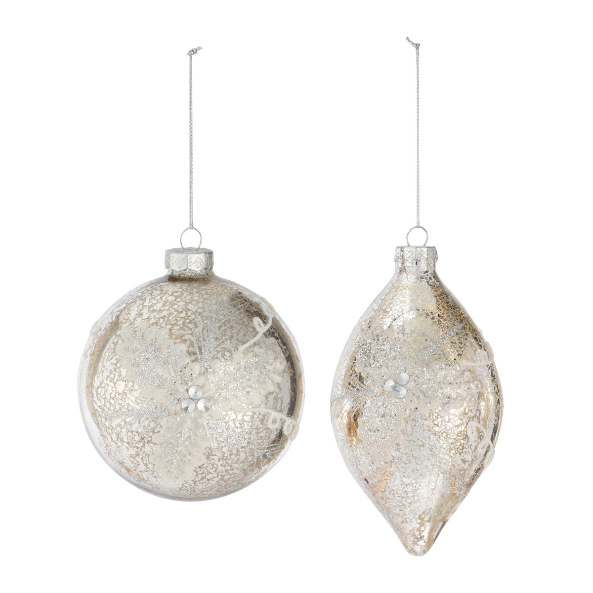 Mottled Silver and Glittered Glass Ornament