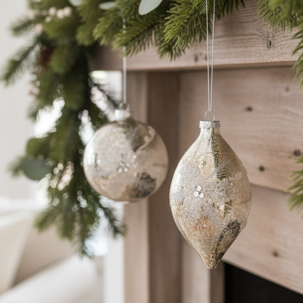 Mottled Silver and Glittered Glass Ornament