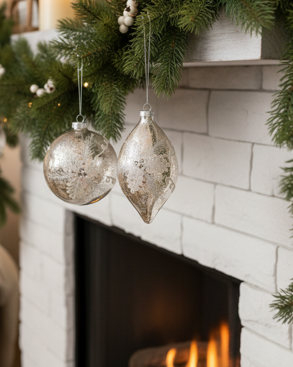 Mottled Silver and Glittered Glass Ornament